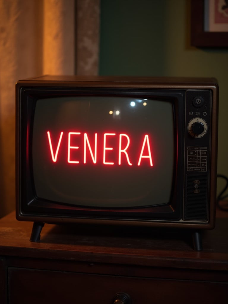 A vintage television set showcases the text 'VENERA' in red neon. The background depicts a cozy retro room with warm lighting. The classic design of the TV creates nostalgia for older technology.