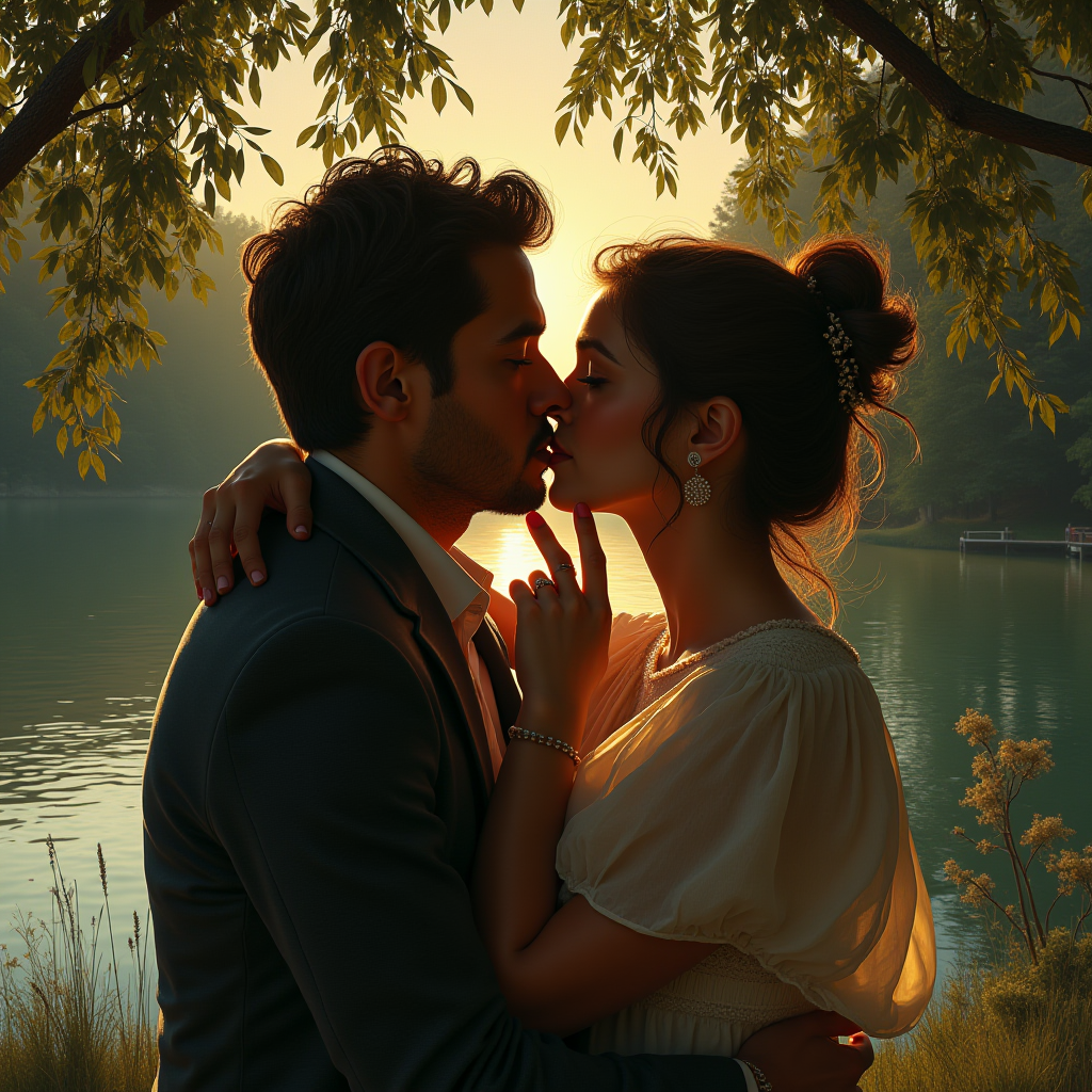 A romantic couple shares a tender moment by a serene lake at sunset.