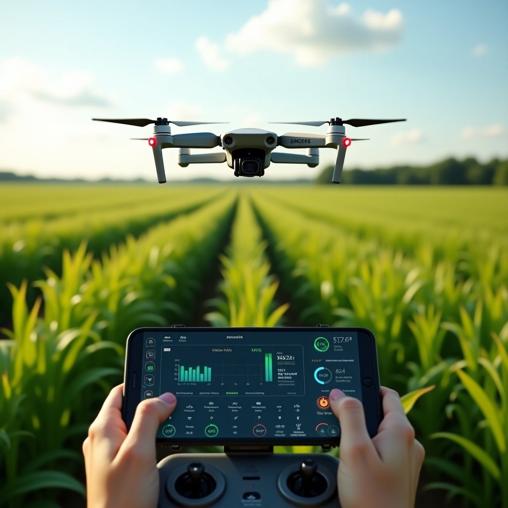 A drone hovers over a lush green field. The drone has an advanced AI interface shown on its control screen. This displays real-time data on crop yield, health metrics, and moisture levels. The field has tall plants swaying in the wind. The scene includes a bright, sunny sky with scattered clouds. The AI dashboard shows key crop stats such as growth rate and disease detection. The drone captures a bird's-eye view of the landscape.