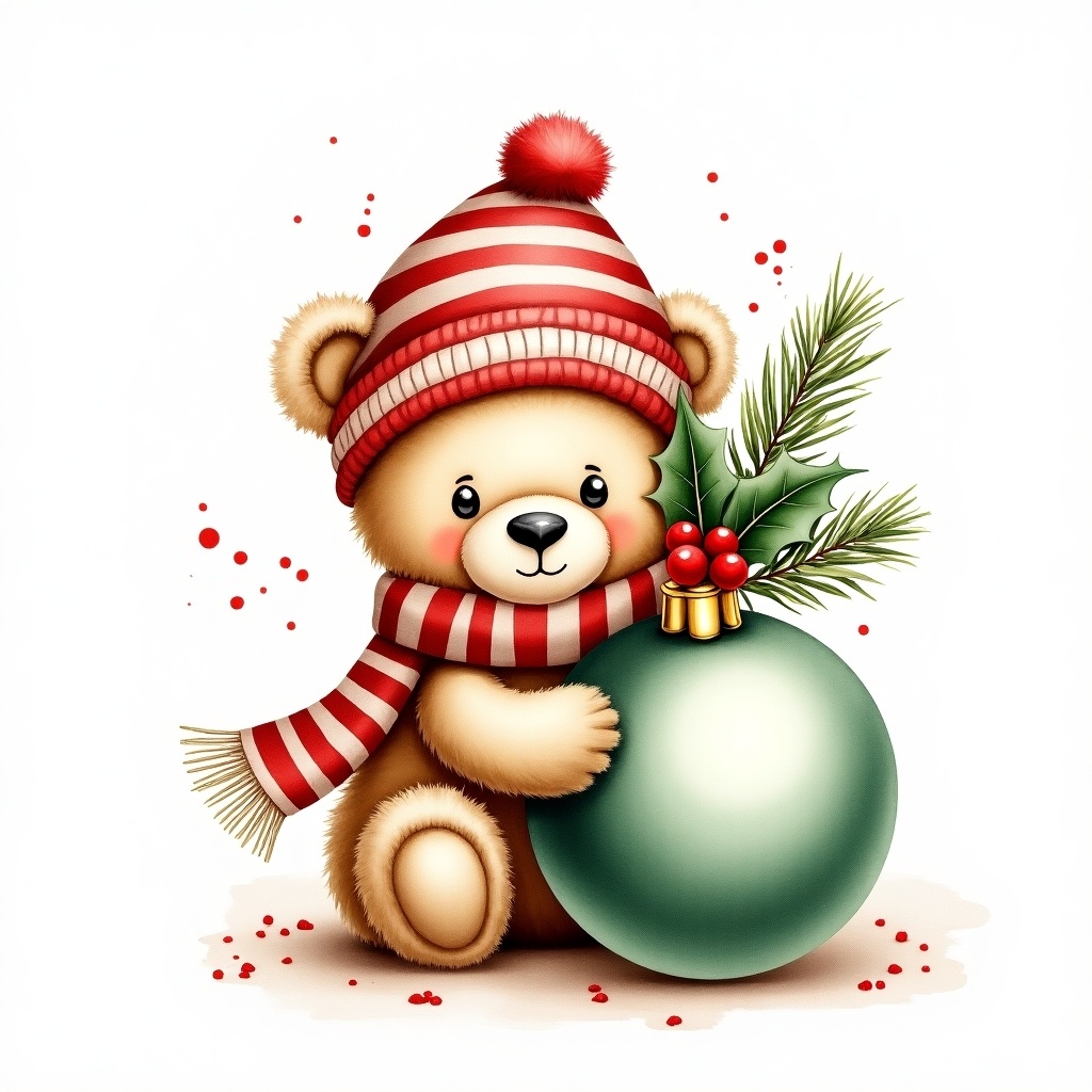 This illustration features an adorable teddy bear in a festive Christmas theme. The bear has fluffy light beige fur with darker shading. It wears a winter hat and a matching scarf, both in red and white stripes. The bear is next to a large green Christmas ornament, adorned with holly and berries. The background has white space with artistic red splashes, enhancing the festive feel and creating a warm, joyful atmosphere. This piece captures the essence of Christmas spirit beautifully.