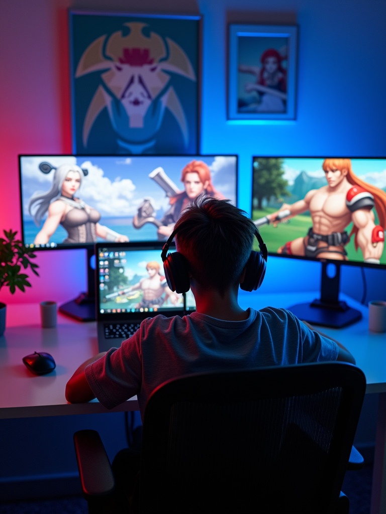 A boy sits at a sleek desk focused on a laptop. Multiple high-resolution monitors display colorful JRPG graphics. The room has soothing neon lights creating a cool ambiance. He wears headphones for an immersive gaming experience. The setup is modern and stylish reflecting gaming trends.