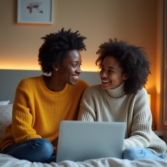 Two people sit together, smiling and looking at a laptop, with soft lighting in a cozy room.