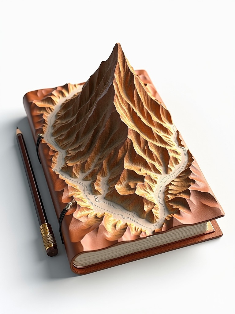 A leather journal with an intricate 3D mountain map design on the cover. A pen and pencil are placed beside it. The background is simple and white. The journal's crafty look emphasizes its functional and decorative aspects. It brings a sense of adventure and creativity to mind.