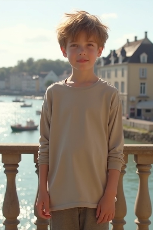 Young boy stands on a balcony. He has short light brown hair and a long T-shirt. Background is a sunny harbor in Normandy. The scene is peaceful and quiet.