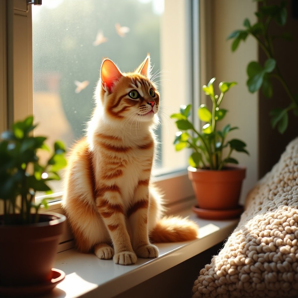 Fluffy cat on a windowsill. Sunlight glows on soft fur. Cat has orange and white stripes. Bright green eyes looking outside. Potted plants nearby. Cozy room with warm textures and colors. Peaceful afternoon with beloved pet.