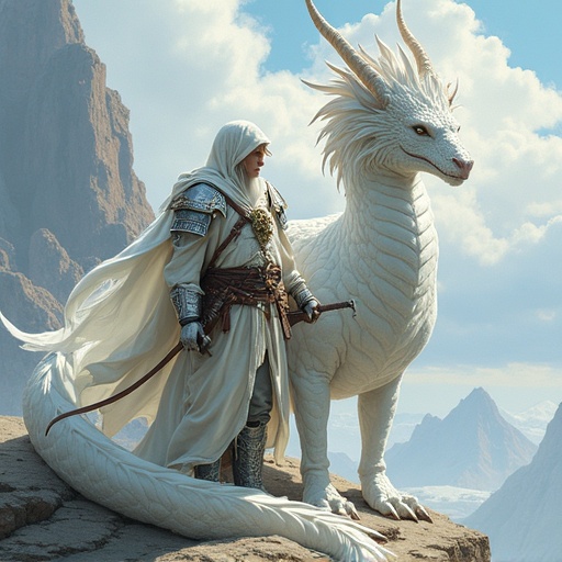 Illustration features a warrior alongside a magnificent white dragon in a vast, mystical landscape that showcases towering mountains and a serene atmosphere. The warrior is dressed in elaborate armor with flowing garments. The dragon has intricate, scaled details and a majestic presence. The setting highlights the fantasy theme with a stunning background.