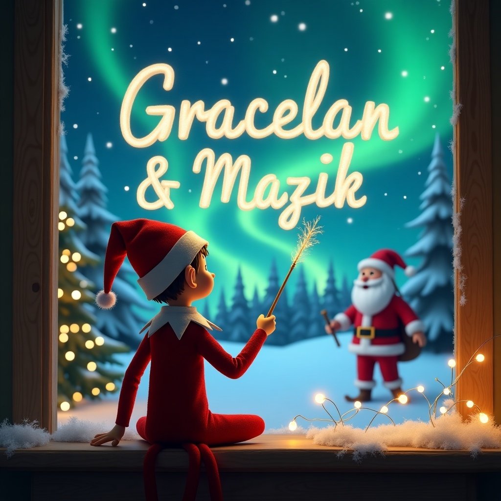 Elf on the shelf facing the sky. Using a wand to write Gracelan & Mazik in the sky. Background features northern lights and Santa. Magical Christmas atmosphere.