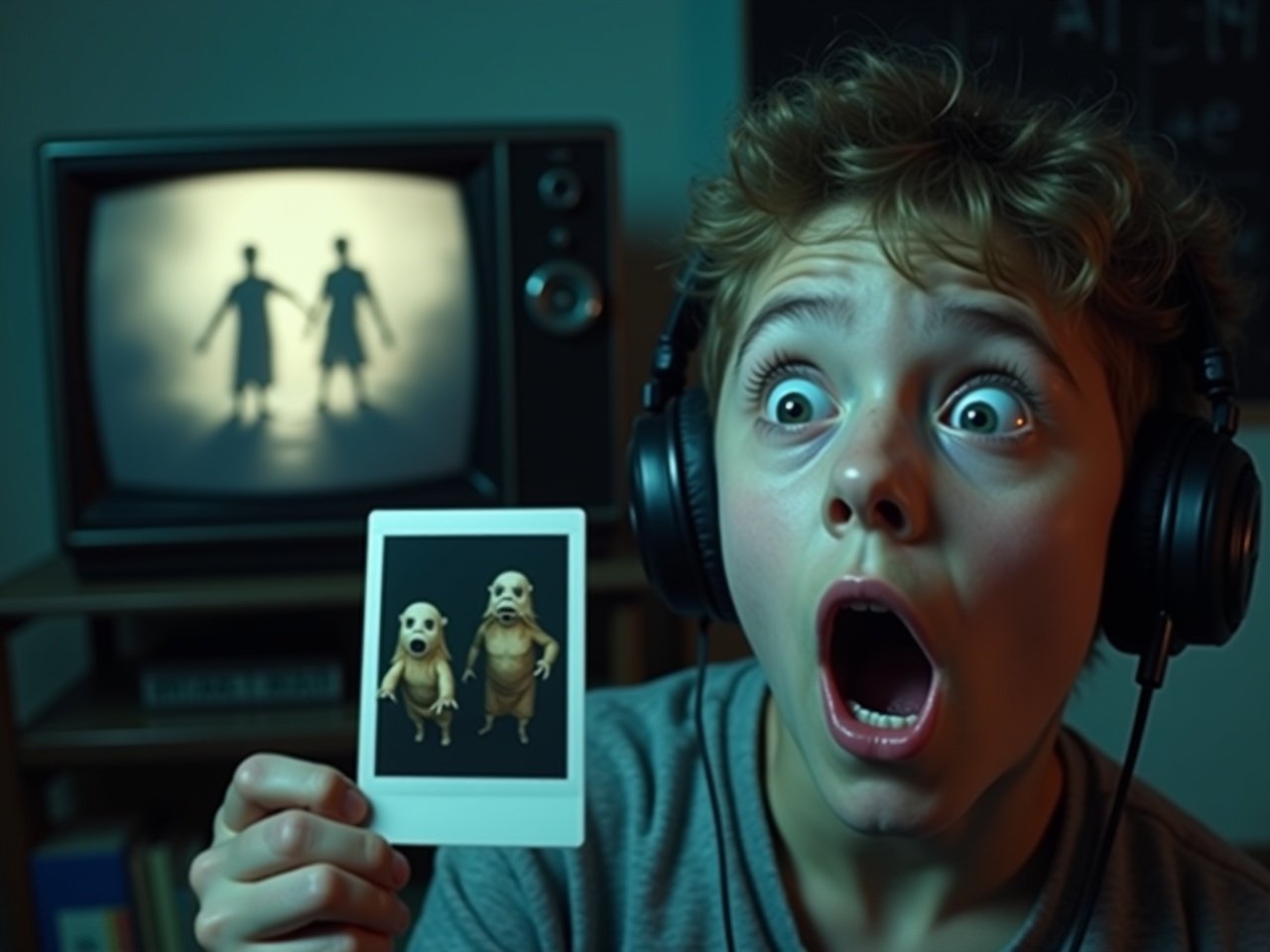 In the image, a surprised young person with headphones is shown, expressing shock or fear. Behind them is an old television set displaying a grainy scene with two figures appearing ghostly. There are also two polaroid pictures in the foreground, featuring unusual, possibly spooky characters. The setting seems to be a blend of a digital environment with elements of horror. Overall, the image conveys a chilling or exciting moment, possibly related to a ghost story or a scary video. The color palette includes dark tones with some bright lighting around the central figure.