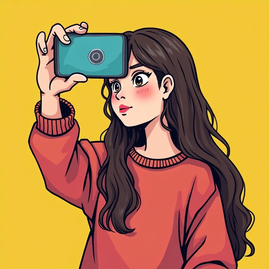 A girl holds a smartphone while taking a photo. The background is yellow with a stylized representation. The illustration is less realistic and emphasizes the act of taking a selfie.