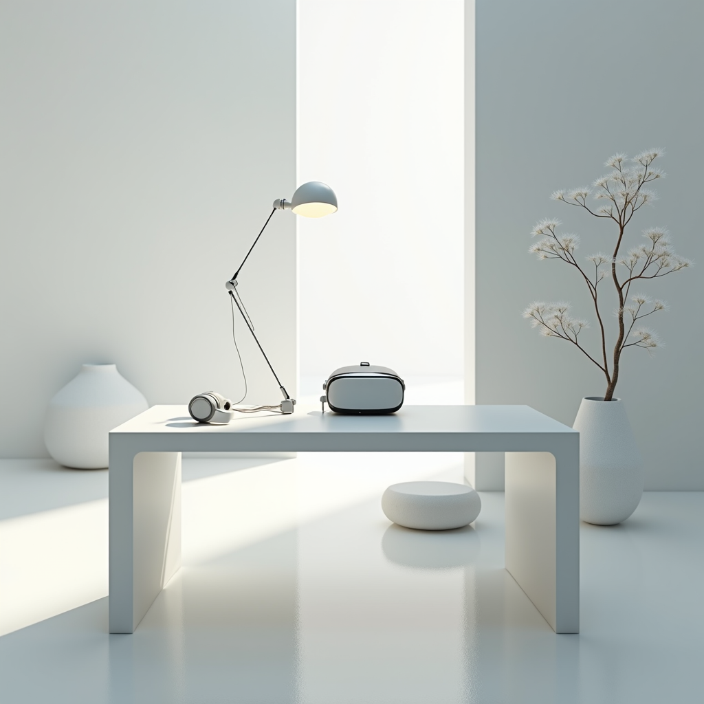 A minimalist interior features a sleek white table with a virtual reality headset and a modern angled lamp, with soft natural light accentuating the space.