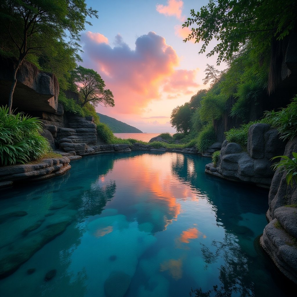 A serene landscape featuring a lush oasis in a secret area. Water reflects sunset colors, including orange, pink, purple, and blue. Clear pool adds depth and tranquility. Fluffy colorful clouds enhance the peaceful ambiance. Landscape view invites appreciation of nature.