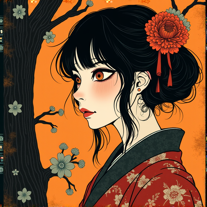 A side profile of a woman with red eyes in traditional attire and red flower hairpiece, set against an orange background with blooming branches.