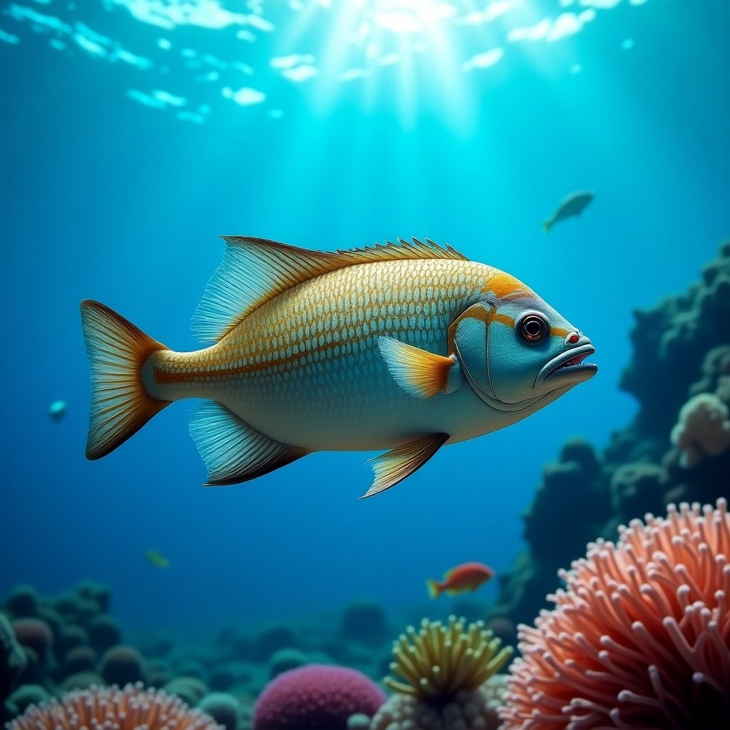 A vibrant underwater scene depicting a healthy omega 3 fish swimming among coral reefs. The environment showcases bright coral, clear blue water, and sunlight filtering through the surface.