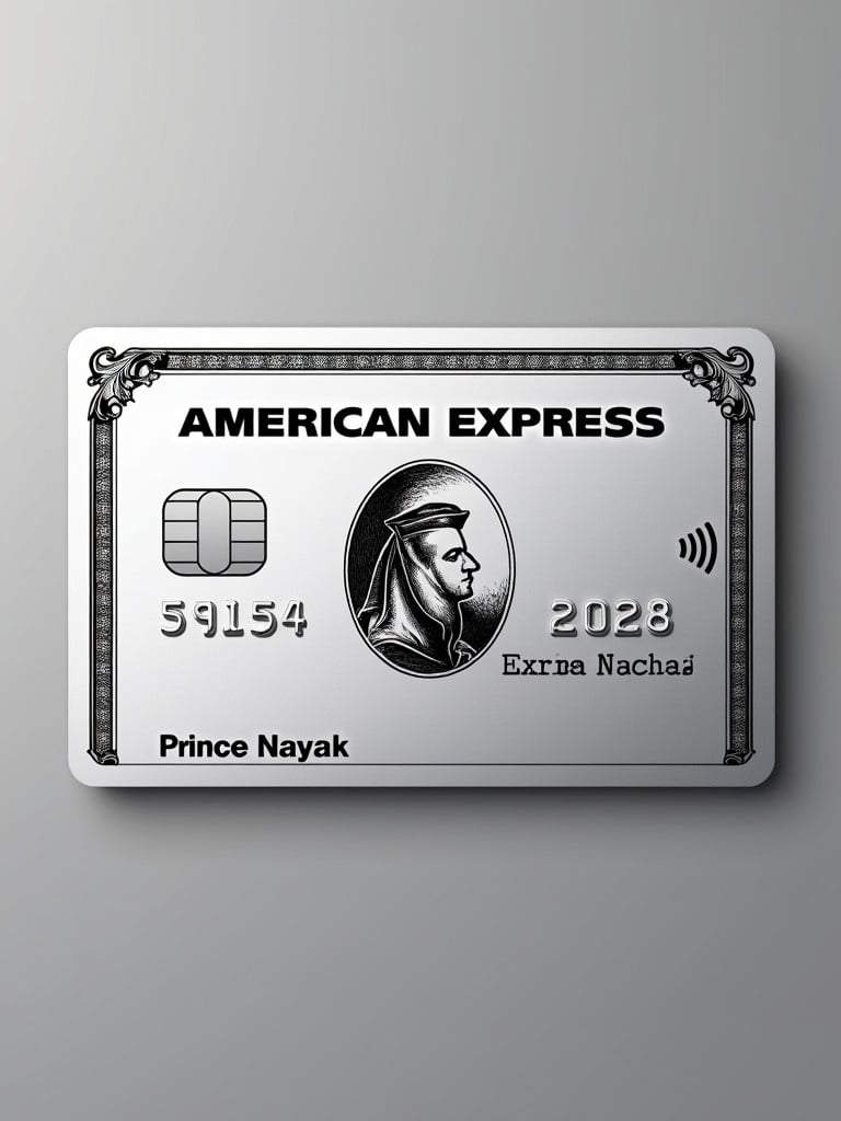 Realistic representation of a platinum American Express card with Visa logo. Name Prince Nayak and expiry March 2028 displayed. Silver background and bold black text reflect modern elegance.