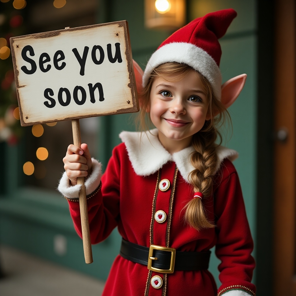 A traditional elf child holds a sign saying see you soon. The elf costume is red and white with festive details. The background shows a cozy holiday setting.