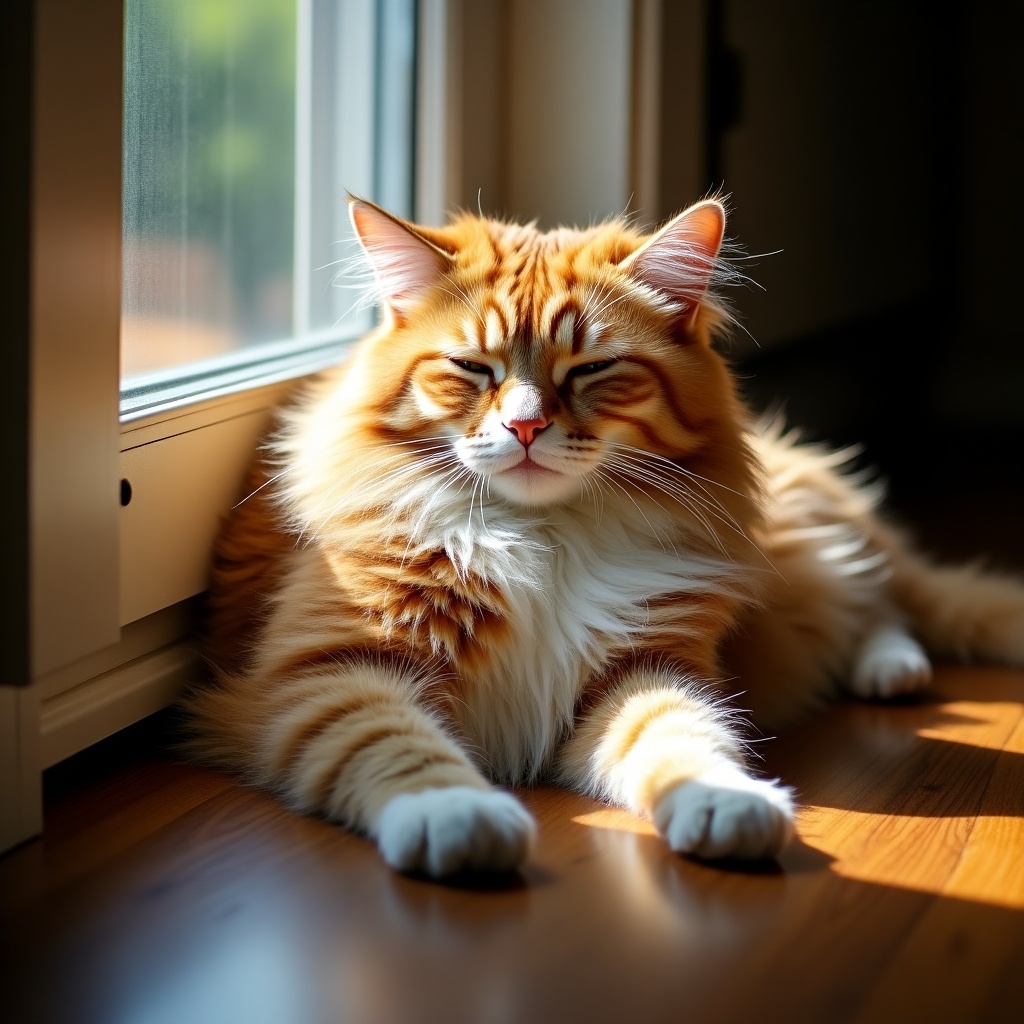 Cat lounging peacefully in sunlight. Orange and white colors dominate. Soft focus on background.