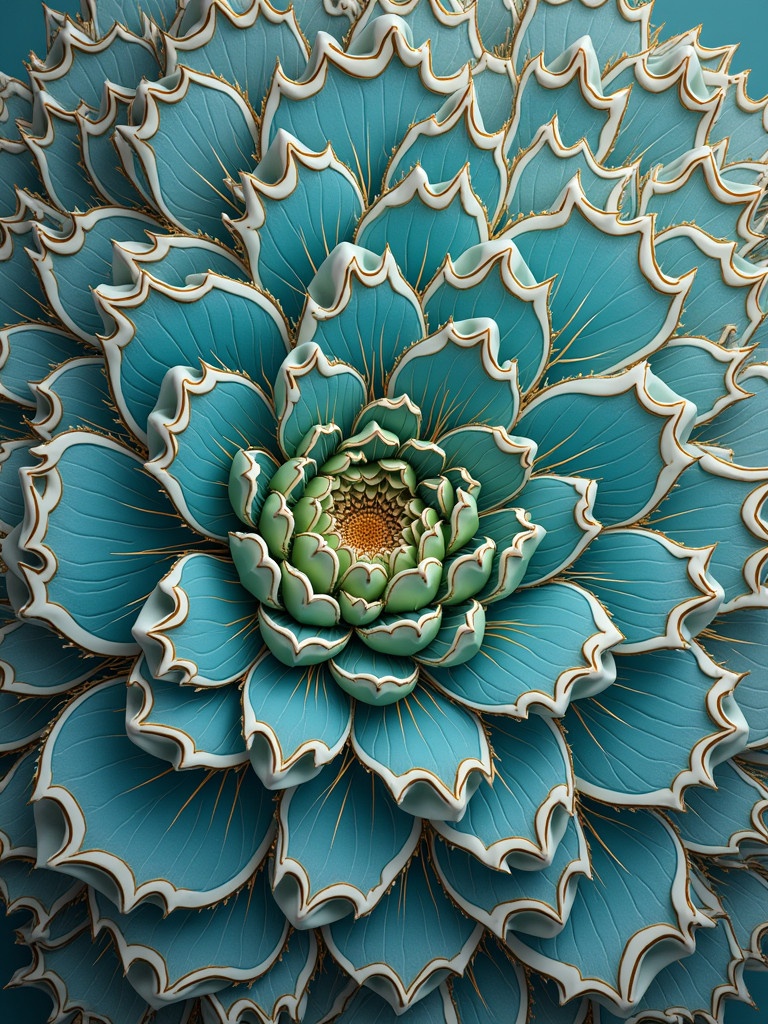 A large blue flower with intricate layers with gold details. It has a green and white background. The flower displays a spiral structure. Clear textures are visible on the petals.