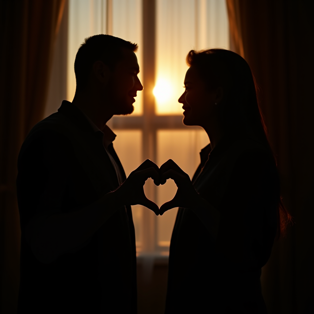 A silhouette of a couple forming a heart shape with their hands in front of a warm, glowing window at sunset.