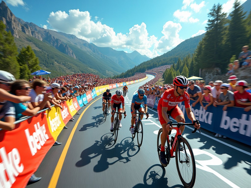 The image depicts a thrilling cycling event, showcasing athletes in vibrant jerseys racing around a winding route. Spectators line the sides of the road, adding excitement and energy to the scene. Colorful advertising banners are prominently displayed, promoting various brands and sponsors. The backdrop features stunning mountains and a clear blue sky, enhancing the visual appeal. The cyclists are captured in dynamic racing positions, emphasizing the competitive nature of the event.