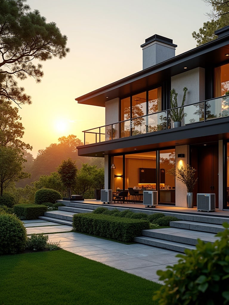 Luxury home featuring modern architecture with heat pumps. Surrounded by manicured landscaping. Sun setting in the background creates a warm atmosphere.