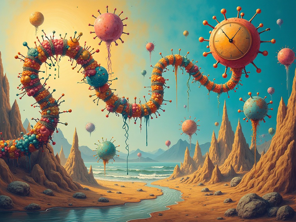 A surreal alien landscape with time-themed objects and colorful structures, featuring a twisting object resembling a clock surrounded by peculiar spherical formations in a fantastical setting.