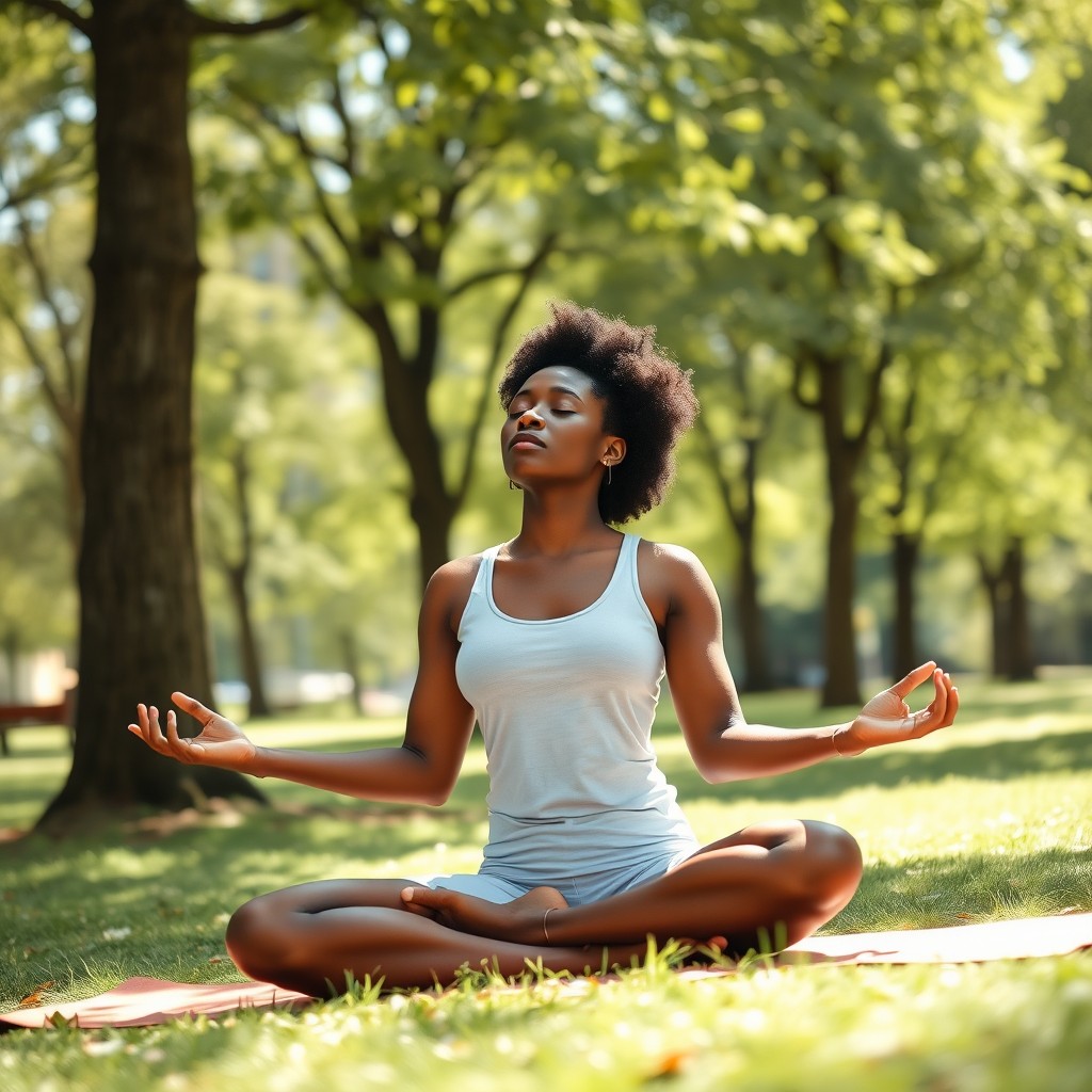 A woman meditates in a sunlit park amidst lush green trees.