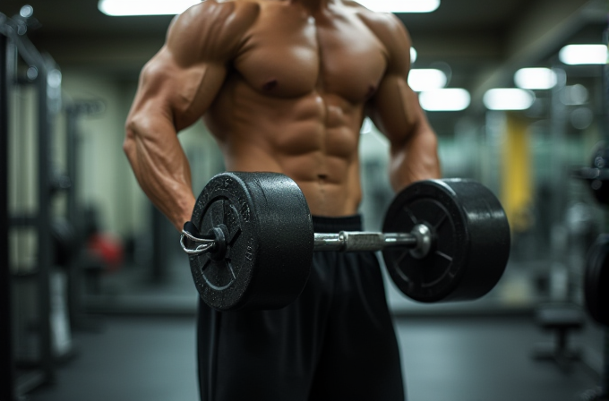 A muscular person lifting a heavy dumbbell in a gym setting.