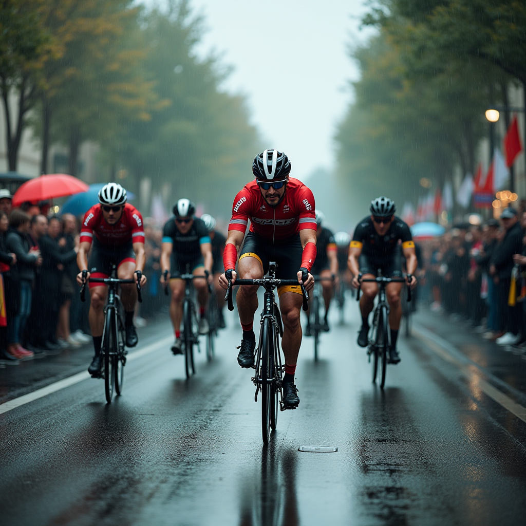 Cyclists in red jerseys race down a wet street lined with cheering spectators under umbrellas.