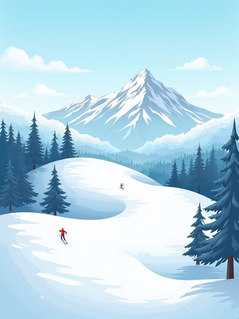 Winter scene illustration depicts snow-covered hills. Ski slopes ideal for skiing are highlighted. Evergreen trees surround the scene. A majestic mountain stands tall in the background. The overall atmosphere appears bright and inviting.