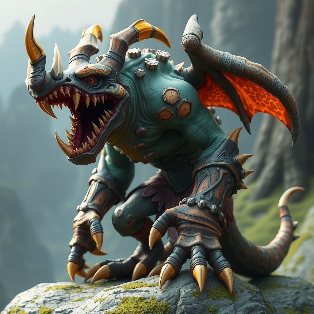 A fierce, horned creature with vibrant orange wings perched on a rocky outcrop.