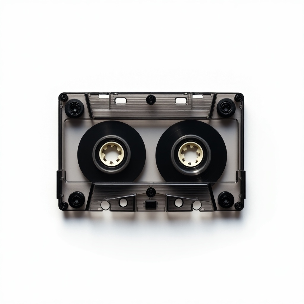 A classic black and transparent cassette tape is displayed on a plain white background. The image showcases the intricate design of the cassette, particularly the visible reels inside. Designed to evoke nostalgia, this piece represents the charm of analog audio technology. The plain background is purposefully chosen to Focus on the cassette, emphasizing its details. This image appeals to music lovers and collectors, reminding them of the rich history of music recording and playback.