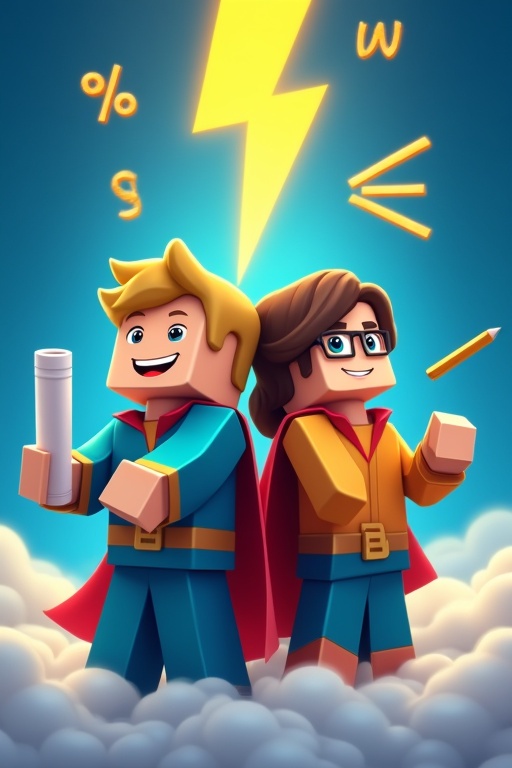 Two Minecraft styled children stand back to back. One child holds a rolled test paper. The other child holds a pencil. Both are dressed as superheroes with capes. One child has blonde hair. The other has brown hair and wears glasses. The background is a vibrant royal blue gradient. Above them is a large yellow lightning bolt with mathematical symbols floating around. Clouds encircle the lower half.