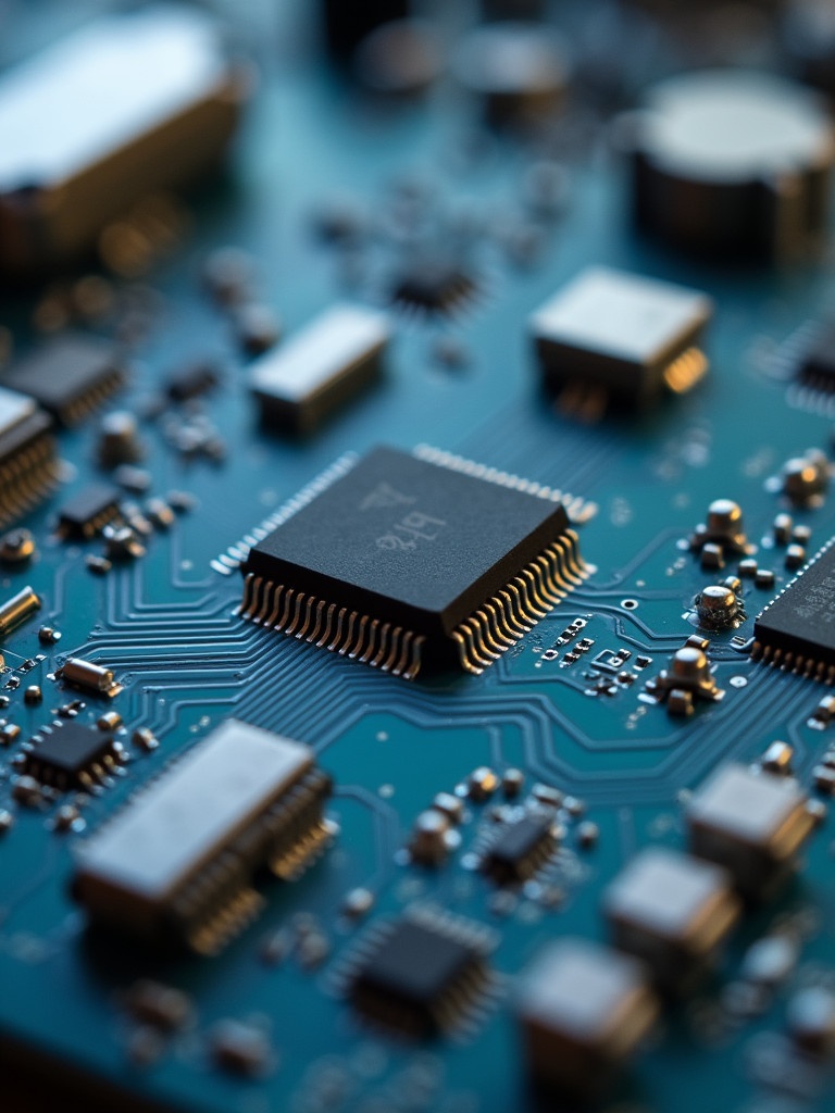 Close up view of electronic circuit board with microchips and components