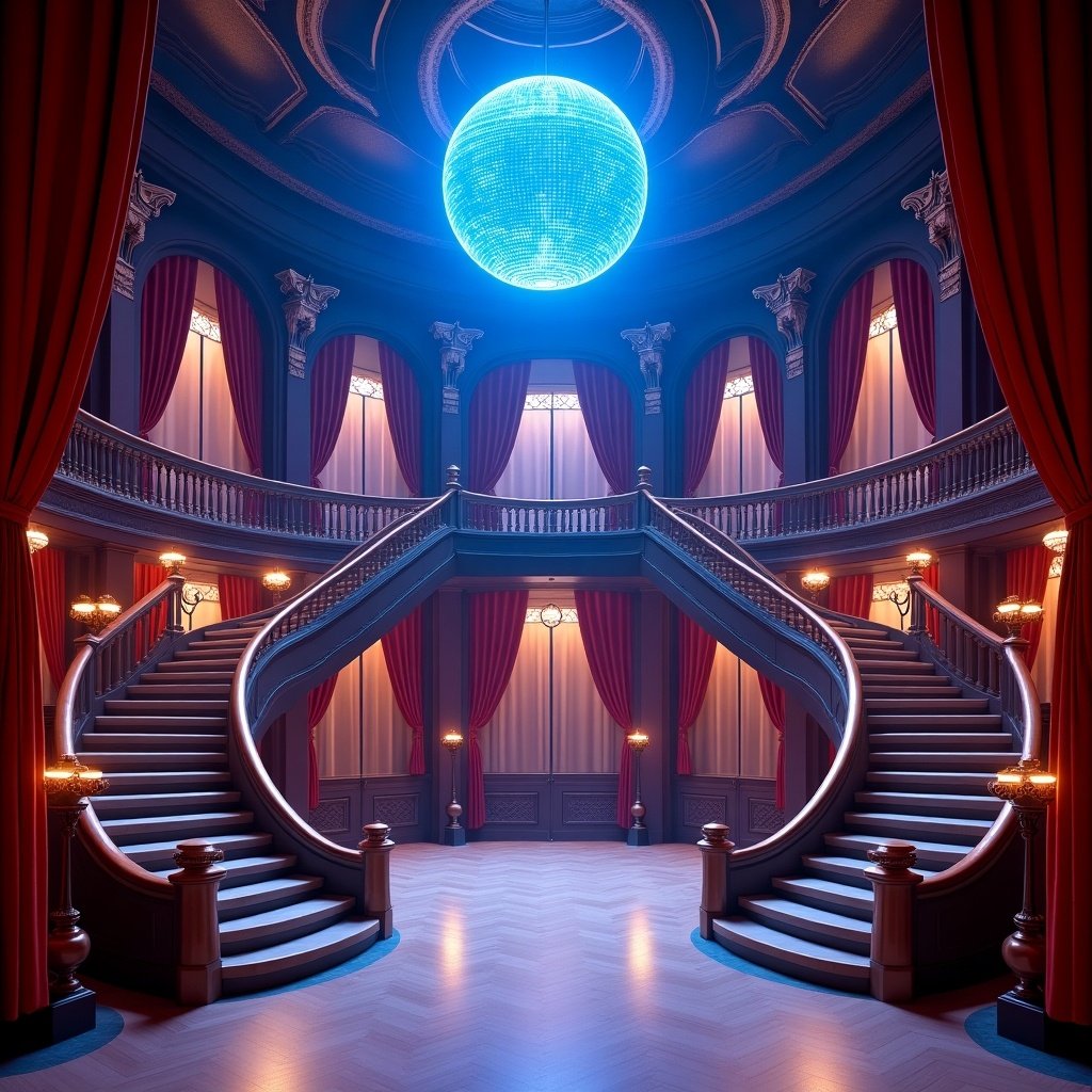 The image depicts a wide dancehall reminiscent of the 1940s. Two grand, curved staircases lead up to an ornate mezzanine decorated with plush velvet curtains and arched windows. Above, a blue, rotating disco ball creates a whimsical atmosphere with its dynamic lighting. The overall design merges nostalgic elegance with a touch of modern fantasy. It evokes the glamorous vibe of dance competitions, reminiscent of shows like BBC's Strictly Come Dancing.