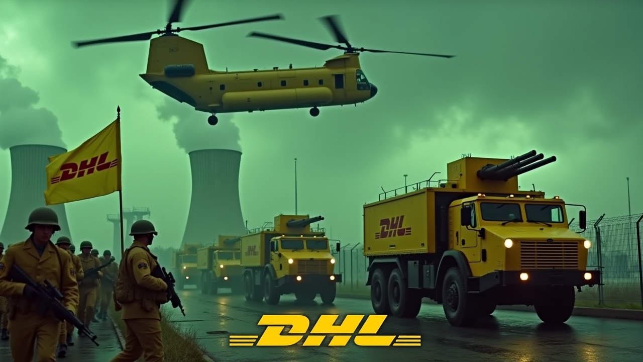 In a dramatic scene, several large yellow armored trucks equipped with big roof-mounted cannons drive up to a fence. The sides of the trucks clearly show the DHL logo. Nearby, several soldiers wearing yellow uniforms and holding rifles are seen marching together in unison. One soldier is holding a large flag with the DHL logo clearly visible. In the background, we can see the prominent smokestacks of a nuclear power plant, glowing green. The sky is awash with an evil green glow, and a large yellow Chinook CH-47 cargo helicopter flies above, adding to the intensity of the scene. At the bottom, we see the DHL logo, displayed in bold, yellow text.