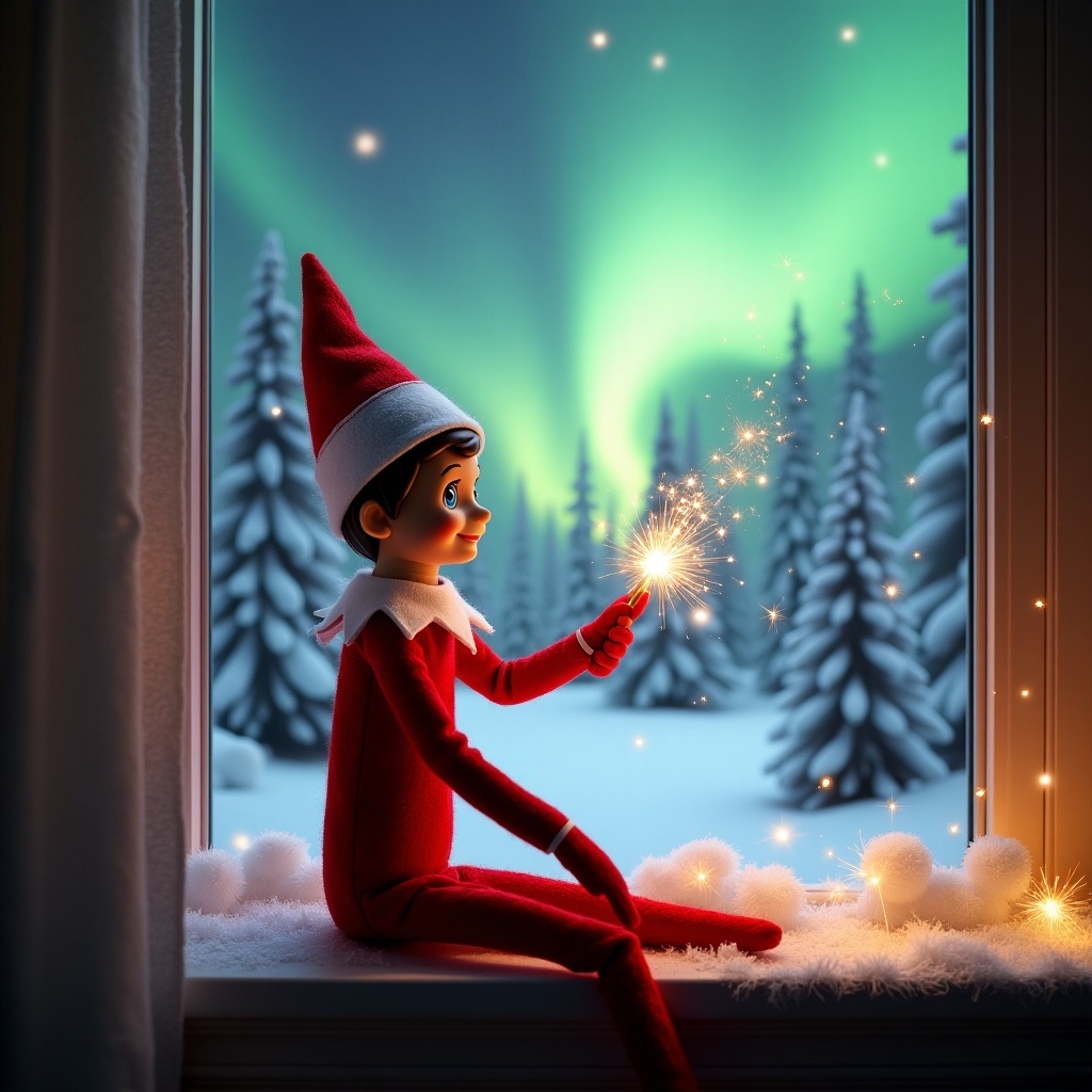 An elf sitting on a window ledge. The elf uses a wand to create sparks while looking at northern lights. The background shows snow-covered pine trees, creating a festive atmosphere. The elf wears a vibrant red outfit with white trim. The scene is illuminated by the aurora borealis colors.