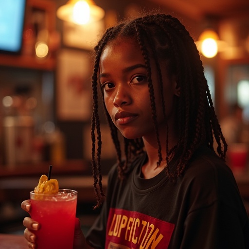 A young female college student with box braids sits at a bar. She holds a red cocktail drink. The setting is warm and dimly lit. Her expression is uneasy while staring ahead. The shirt features a popular movie reference.