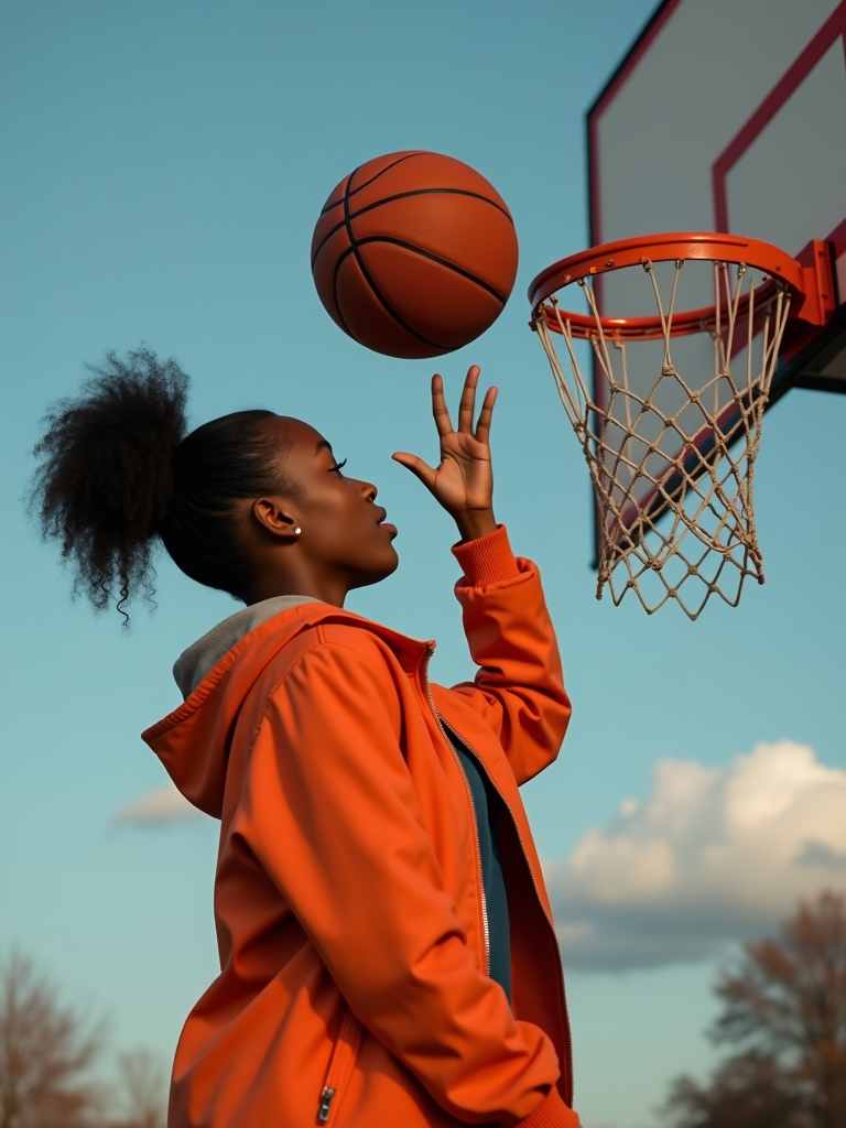 A person in an orange jacket elegantly attempts a basketball shot next to a hoop, set against a clear blue sky.