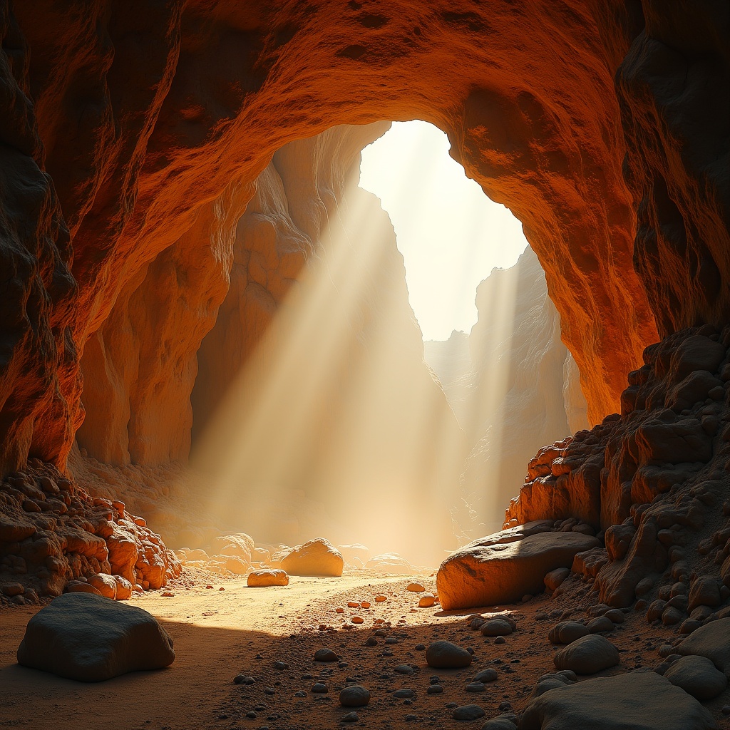 Cave scene with sunlight streaming through an archway. Rugged rocky walls illuminated by sunlight. Foreground has rough terrain with boulders. Misty atmosphere adds a mystical quality. Dominant colors are warm oranges and deep browns.