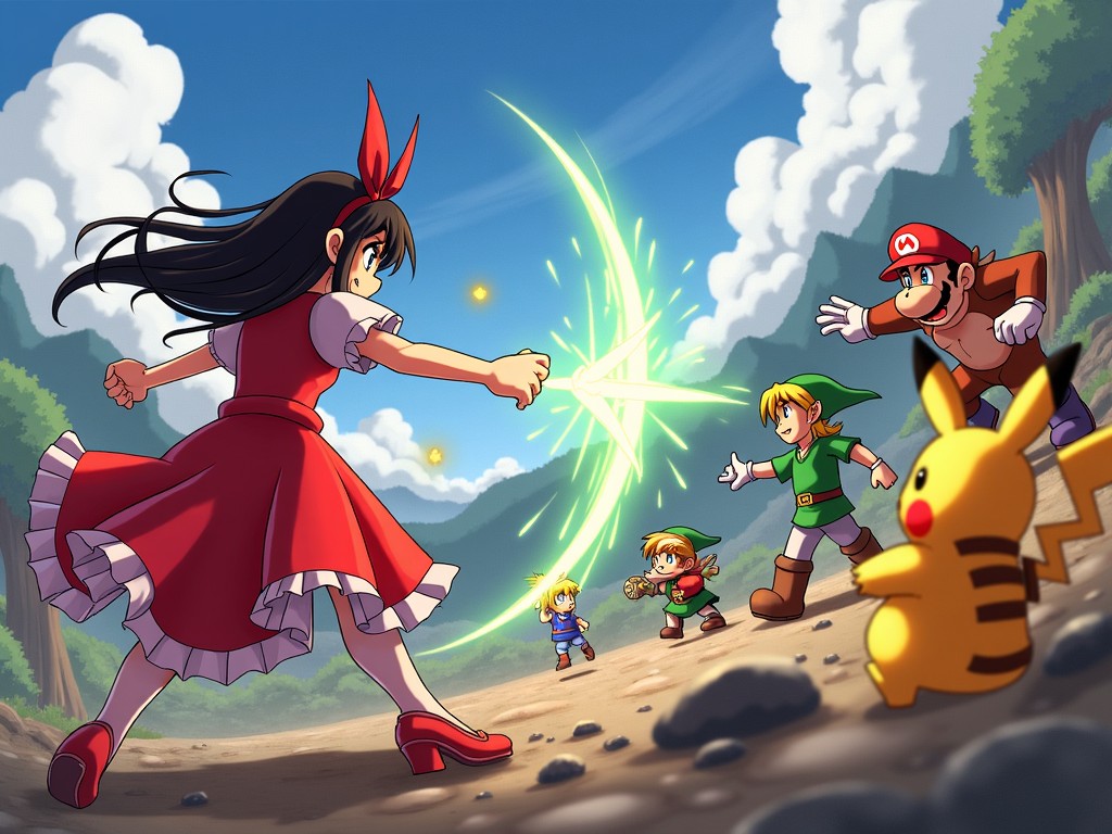 An epic showdown features a character in a red dress casting a magical attack, with four iconic characters from various video games rallying around her. They include a character resembling Link from The Legend of Zelda, Pikachu from Pokémon, and Mario. The scene is set in a vibrant landscape with mountains and trees in the background. The characters display a mix of excitement and determination. The lighting is dynamic, emphasizing the action being taken. This artwork brings together beloved figures from different gaming universes, showcasing a playful battle setting.