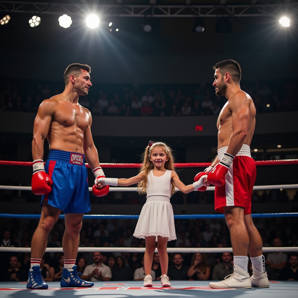 Two male boxers standing in a boxing ring. A girl walks through the ring. The atmosphere is energetic. The match is about to begin.