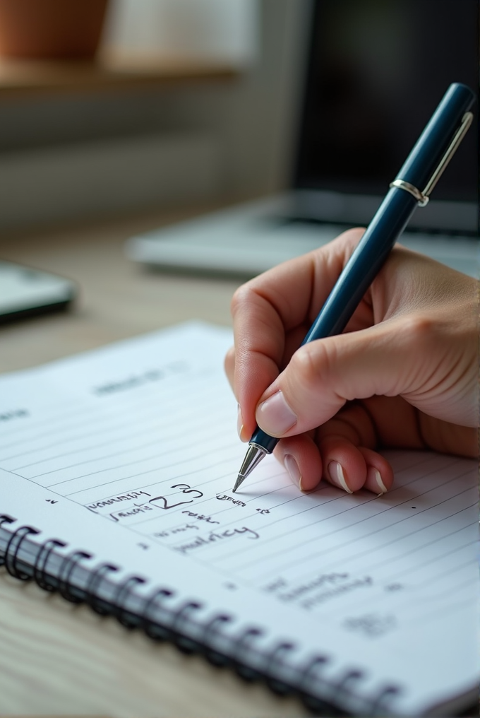 A person writes notes in a spiral notebook, focusing on organization and clarity.