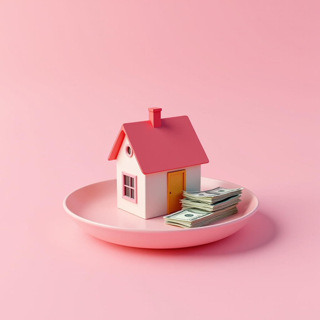 A small toy house and stacks of money sit on a pink plate against a pink background.