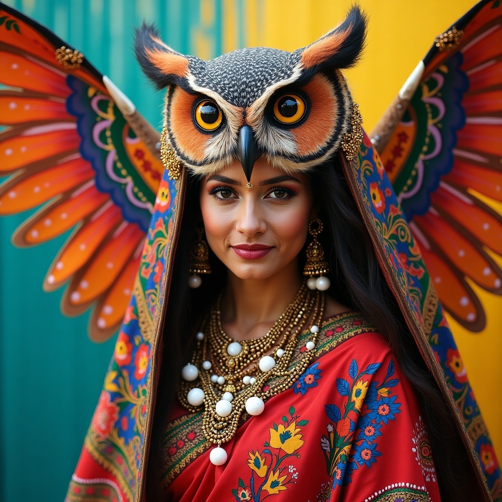 A woman in a colorful saree embodies an owl. She wears an owl headdress with large eyes and wings. The outfit features intricate designs and jewelry. Background highlights vibrant colors.