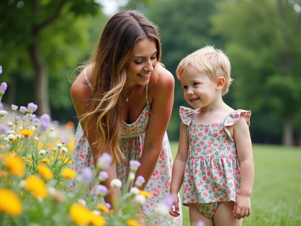 A woman and a young child share a heartfelt moment in a vibrant garden. The woman, wearing a floral dress, kneels down to engage warmly with the child, who is also dressed in a floral outfit. Bright flowers surround them, enhancing the scene's lively and joyful atmosphere, while a blur of greenery forms the backdrop.