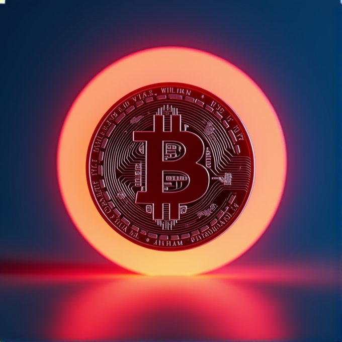 A Bitcoin symbol stands illuminated within a glowing red circle against a blue background.