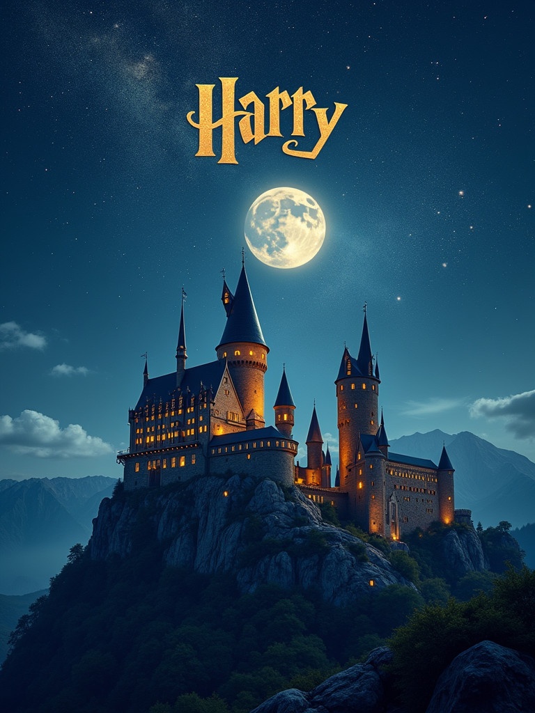 A magical castle sits atop a steep rocky hill. The castle is bathed in moonlight. The night sky is filled with stars. The name 'Harry' is written in elegant gold script at the top.