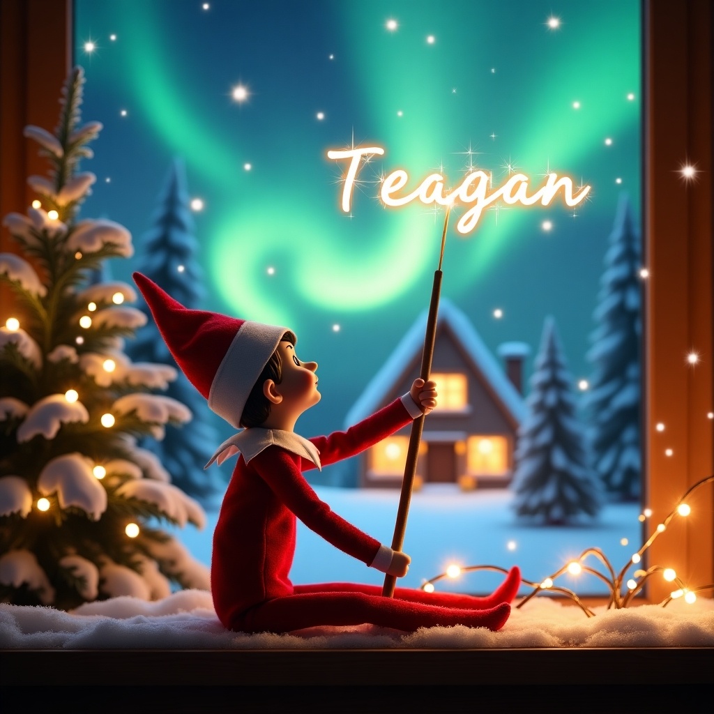 An elf on the shelf sits with its back to the viewer, gazing skyward. It holds a glowing wand that emits sparkling light. The background showcases a charming Christmas scene with colorful northern lights swirling above. In the distance, a cozy house can be seen, decorated for the holidays. Snow covers the ground, adding to the winter atmosphere. The elf is in a playful position, embodying the spirit of magic and wonder associated with Christmas. The name 'Teagan' is written in the air using the wand, creating a sense of holiday cheer.