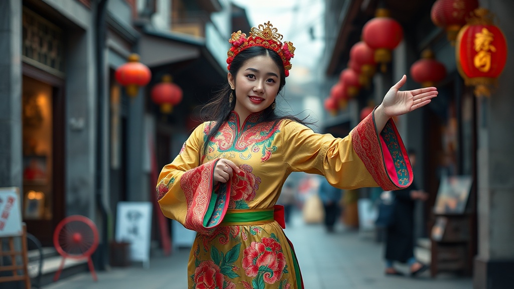 A woman in a colorful traditional dress poses in an old street adorned with lanterns.