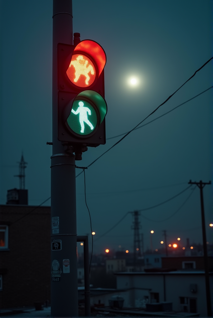 A traffic light for pedestrians shows a red stop sign and a green walk sign against a cityscape at dusk.